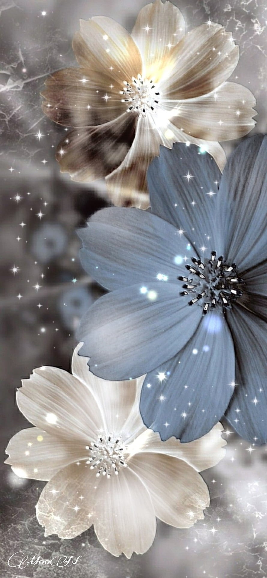 Ethereal Blue and White Cosmos Flowers with Sparkling Starlight Effects HD phone wallpaper