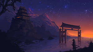 Silhouette of a Samurai Standing Before a Torii Gate at a Japanese Temple at Night HD wallpaper