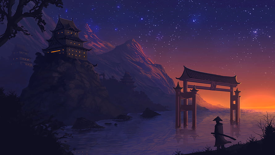 Silhouette of a Samurai Standing Before a Torii Gate at a Japanese Temple at Night HD wallpaper