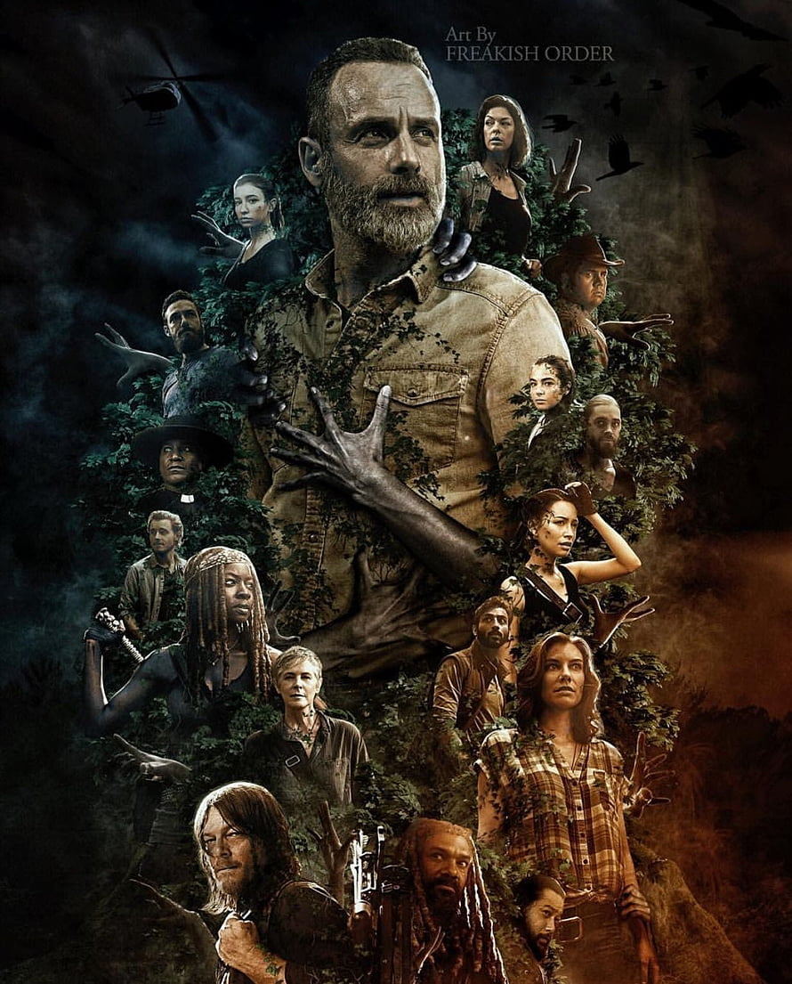 The Walking Dead Ensemble Cast Poster Featuring Rick Grimes and Survivors in Dark Forest Setting HD phone wallpaper