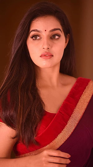 Malavika Menon Portrait in Traditional Red Saree with Gold Border HD phone wallpaper