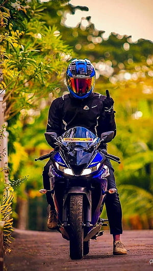 Yamaha R15 Rider in Blue Helmet on a Scenic Road HD phone wallpaper