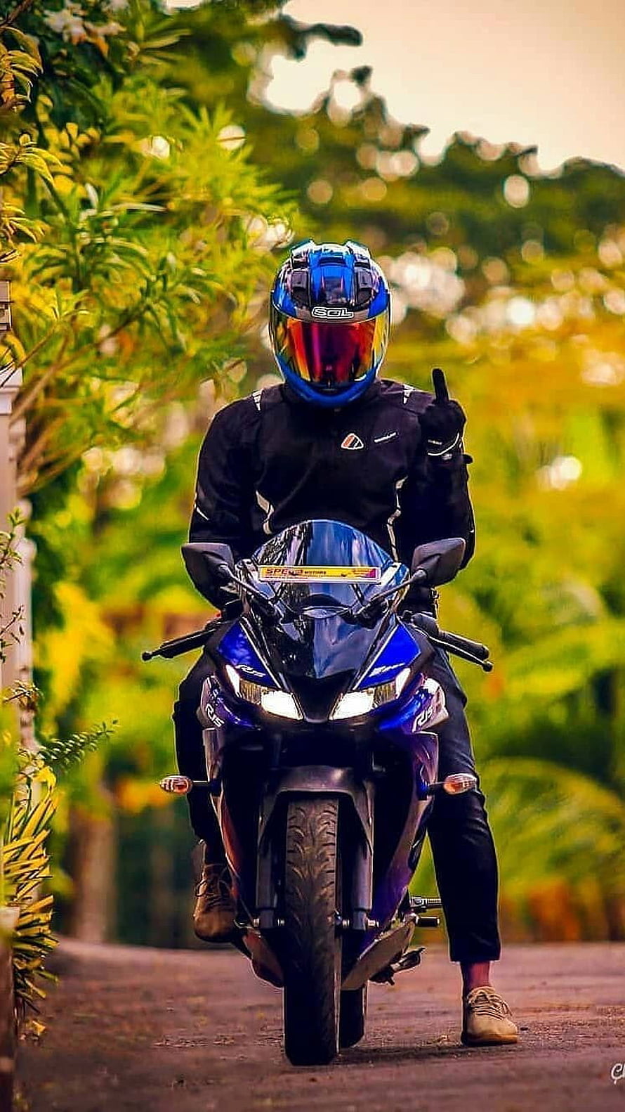Yamaha R15 Rider in Blue Helmet on a Scenic Road HD phone wallpaper