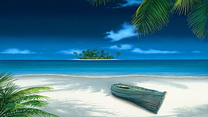 Tropical Island Beach Scene with Weathered Wooden Boat and Palm Fronds HD wallpaper