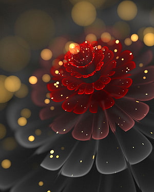 Glowing Red Fractal Flower with Golden Bokeh and Dark Petals HD phone wallpaper
