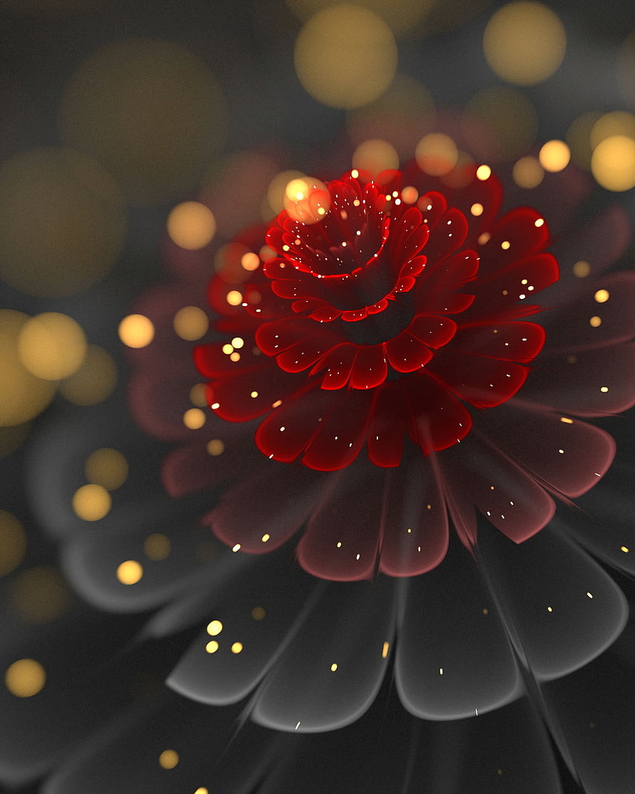 Glowing Red Fractal Flower with Golden Bokeh and Dark Petals HD phone wallpaper