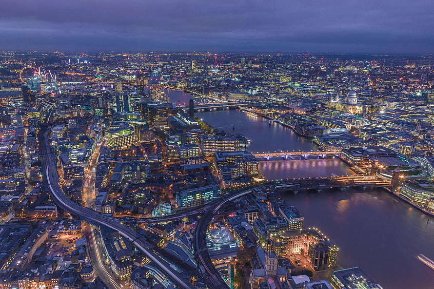 Aerial Night View of London Cityscape with River Thames and Bridges HD wallpaper