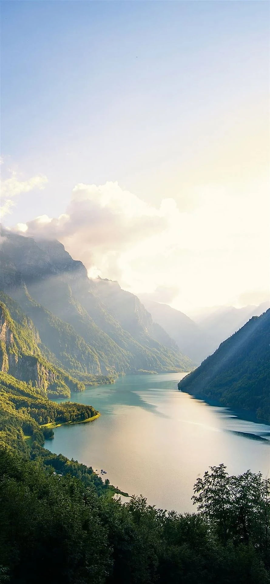 Misty Mountain Lake Valley with Sunbeams and Lush Forests HD phone wallpaper