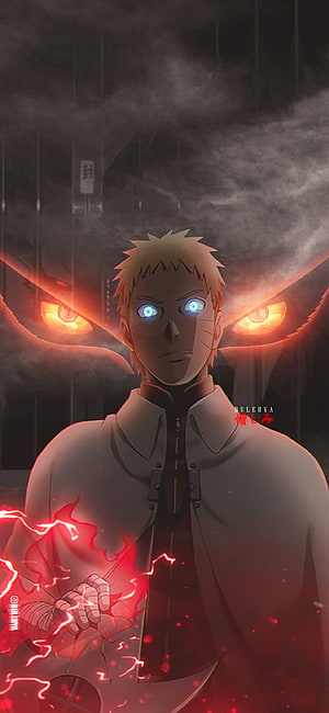 Boruto Uzumaki with glowing blue eyes and red chakra energy in a dark stormy scene HD phone wallpaper