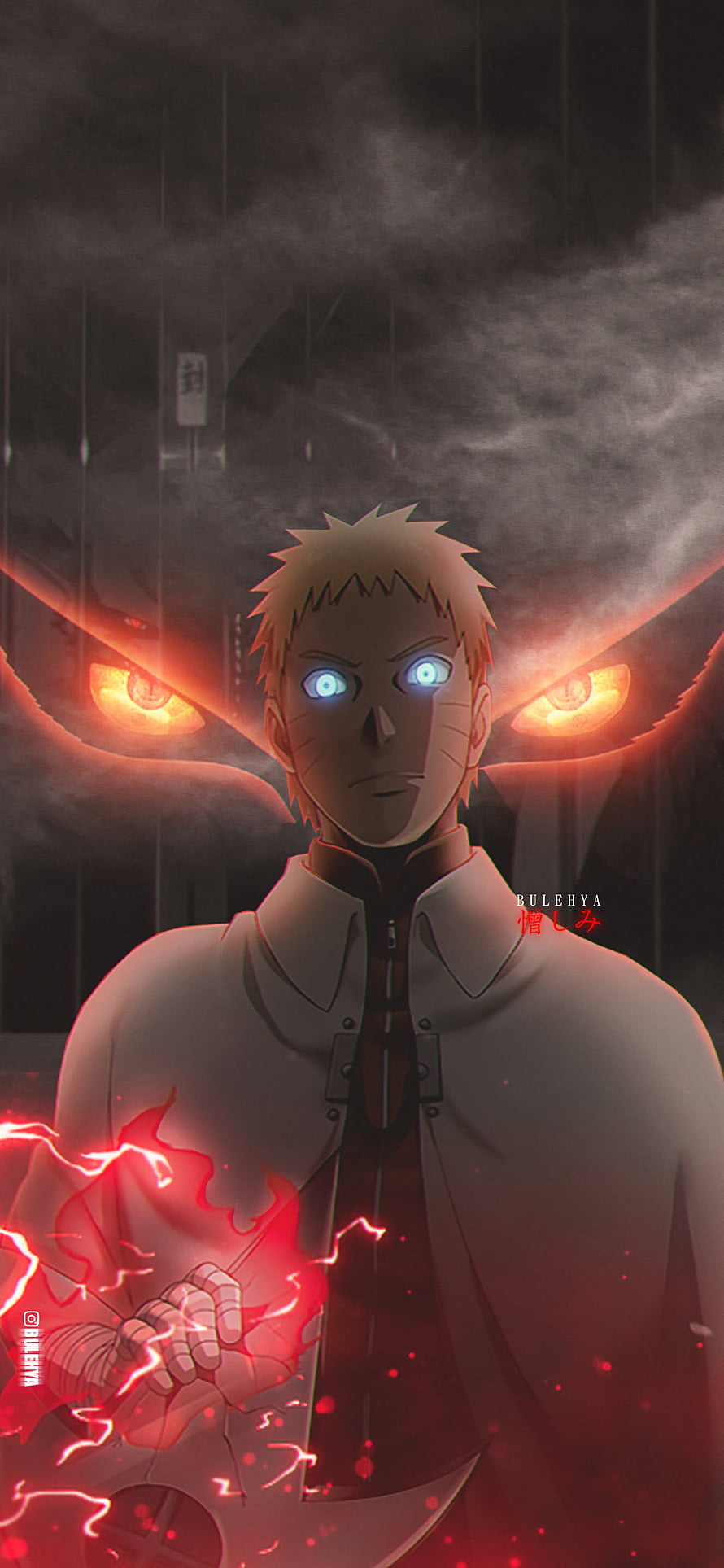 Boruto Uzumaki with glowing blue eyes and red chakra energy in a dark stormy scene HD phone wallpaper