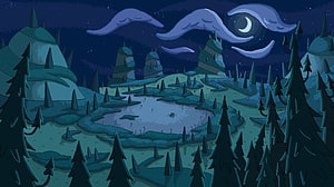 Adventure Time Nighttime Forest Landscape with Crescent Moon and Frozen Lake HD wallpaper