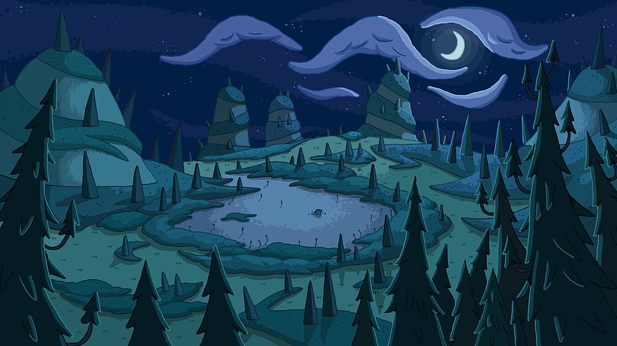 Adventure Time Nighttime Forest Landscape with Crescent Moon and Frozen Lake HD wallpaper