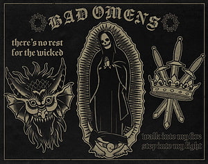 Bad Omens Gothic Illustration Featuring Grim Reaper, Demon, and Crowned Swords HD wallpaper