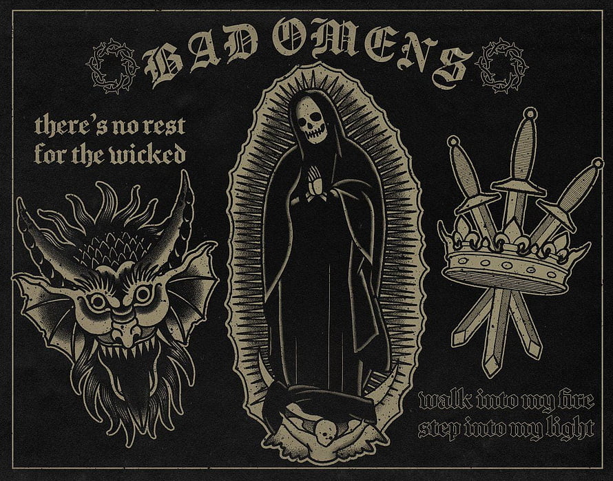 Bad Omens Gothic Illustration Featuring Grim Reaper, Demon, and Crowned Swords HD wallpaper