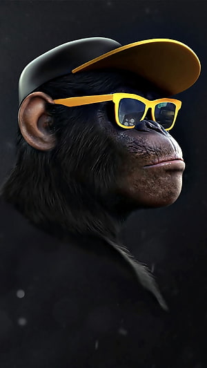 Stylish Chimpanzee Wearing Yellow Sunglasses and Black Cap in Cinematic Portrait HD phone wallpaper