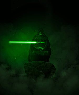 Luke Skywalker Meditating with Green Lightsaber in Dark Misty Atmosphere HD phone wallpaper