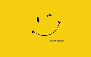 Minimalist Winking Smiley Face on Yellow Background with Motivational Quote HD wallpaper