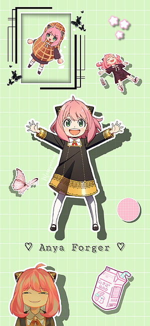 Anya Forger from Spy x Family in a cute sticker collage on a pastel green grid background HD phone wallpaper