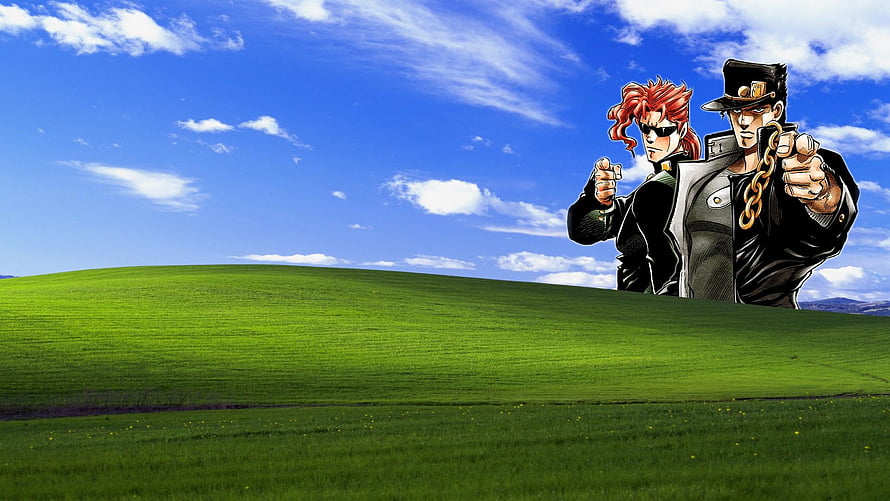 JoJo's Bizarre Adventure Anime Characters on Green Rolling Hills Under Blue Sky HD wallpaper