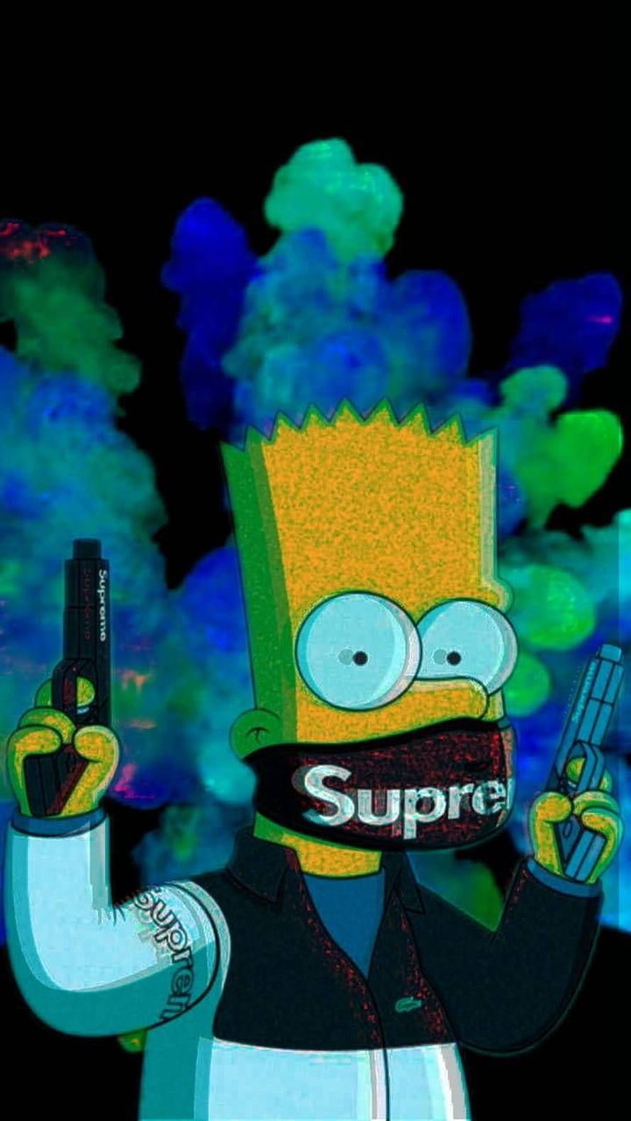 Bart Simpson in Supreme Streetwear Holding Dual Pistols Against Neon Smoke Background HD phone wallpaper