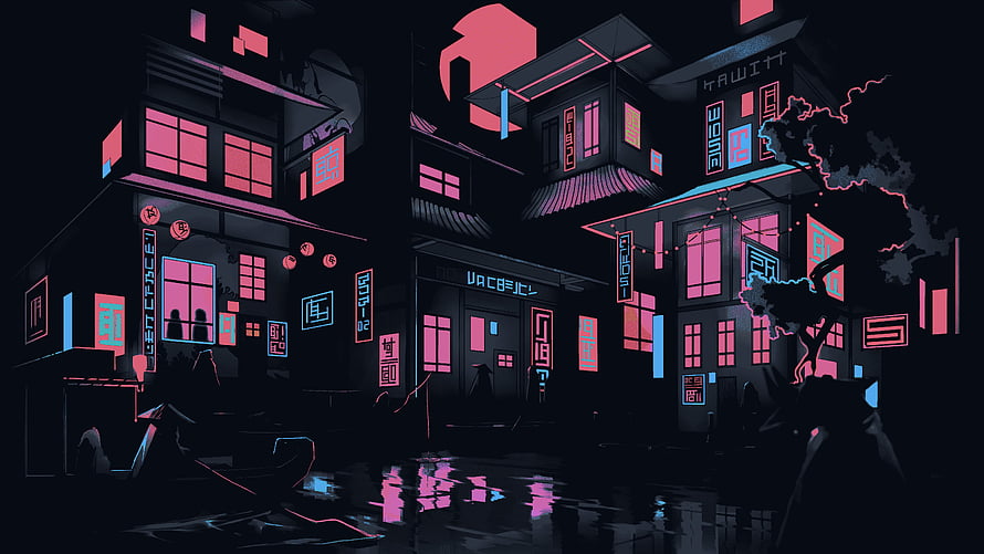 The Neon Shallows Ultra: Cyberpunk Cityscape with Glowing Pink and Blue Neon Signs HD wallpaper