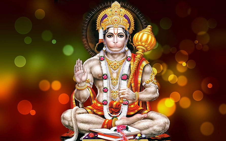 Lord Hanuman Seated in Meditation with Gada and Sacred Text HD wallpaper
