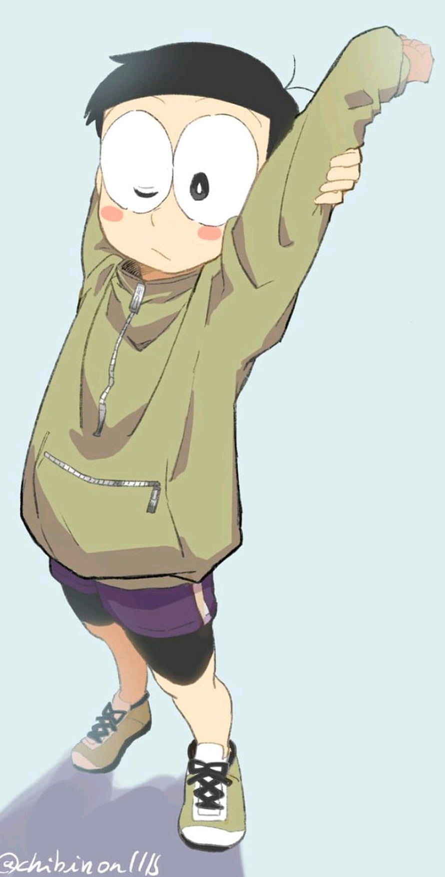 Nobita Nobi from Doraemon in a casual olive hoodie and purple shorts striking a playful pose HD phone wallpaper