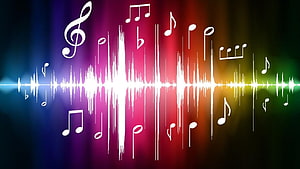 Vibrant Rainbow Sound Wave with Floating Musical Notes and Treble Clef HD wallpaper