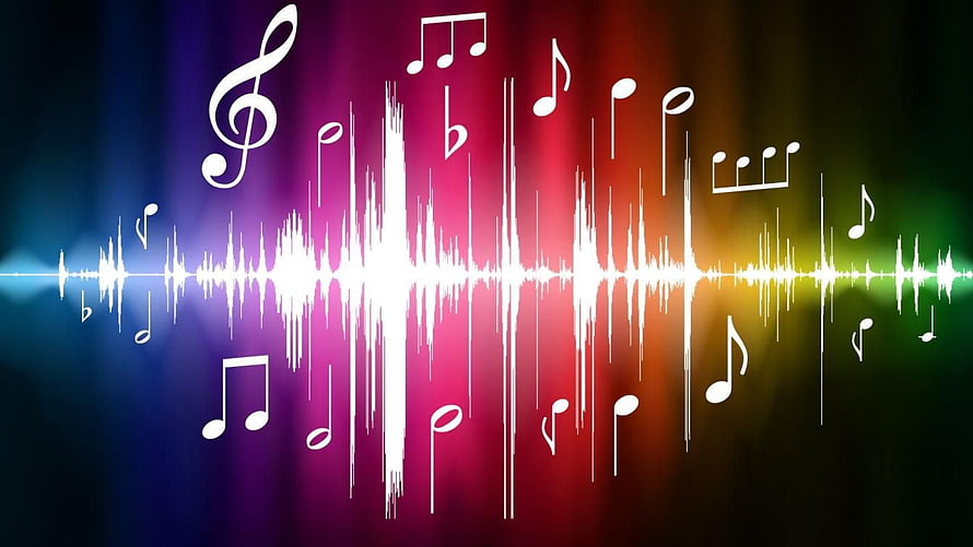 Vibrant Rainbow Sound Wave with Floating Musical Notes and Treble Clef HD wallpaper