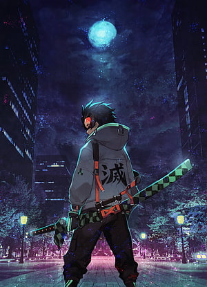 Tanjiro Kamado from Demon Slayer in a Cyberpunk City Under a Glowing Moon HD phone wallpaper