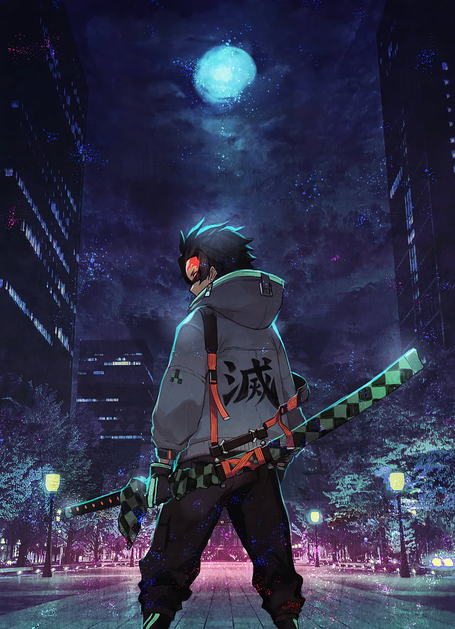 Tanjiro Kamado from Demon Slayer in a Cyberpunk City Under a Glowing Moon HD phone wallpaper