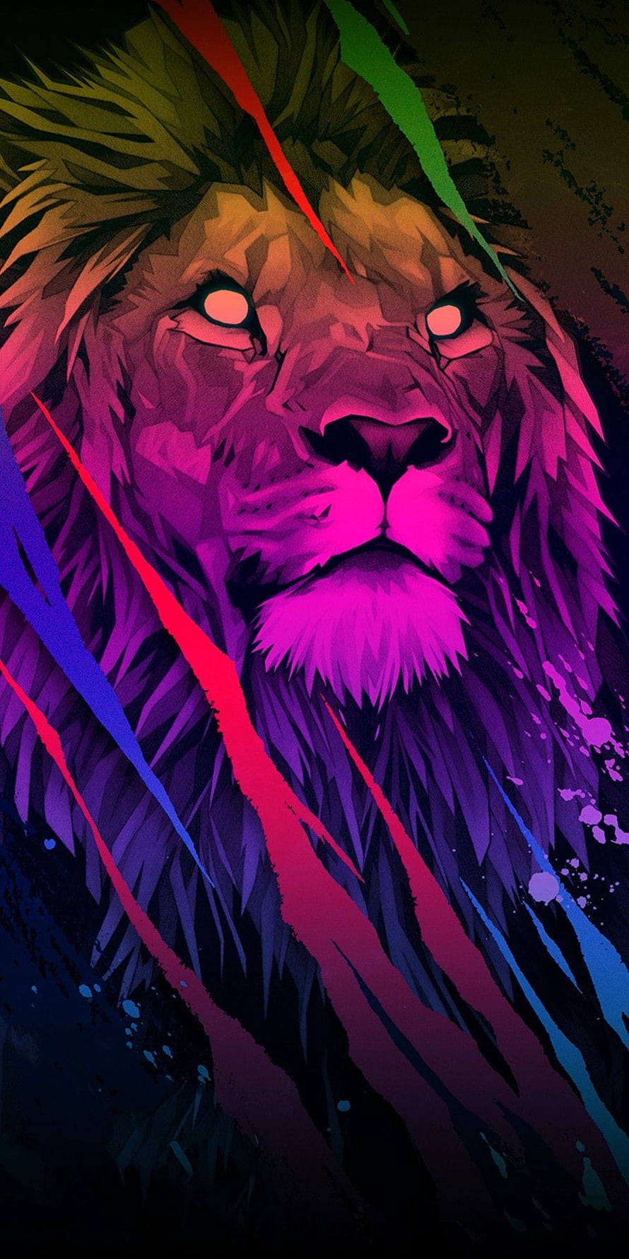 Vibrant Neon Lion Portrait with Dynamic Colorful Streaks and Dark Background HD phone wallpaper