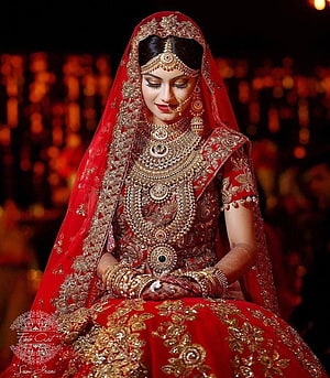 Indian Bride in Red Lehenga with Heavy Gold Jewelry and Embroidered Dupatta HD phone wallpaper