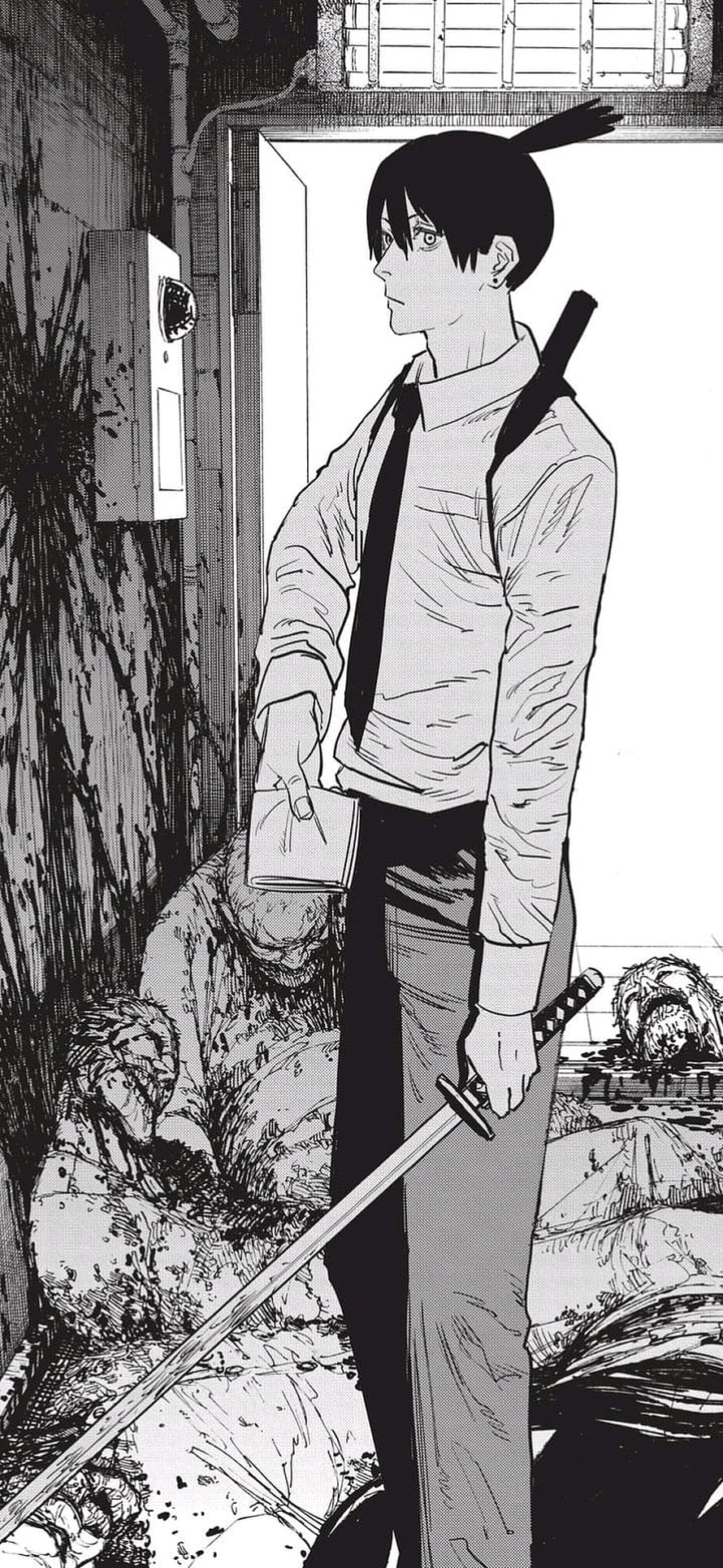 Aki Hayakawa from Chainsaw Man Standing with Katana in Black and White Manga Panel HD phone wallpaper