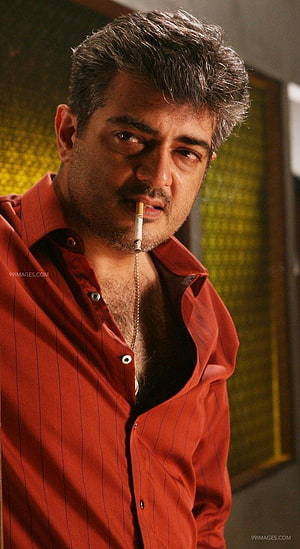 Ajith Kumar in a red pinstripe shirt holding a cigarette with a chain HD phone wallpaper