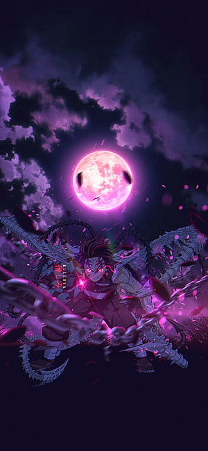 Demon Slayer Anime Character with Chains Under a Glowing Pink Moon HD phone wallpaper