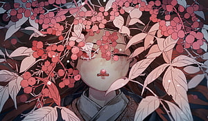 Demon Slayer Anime Girl Surrounded by Red Berries and Autumn Leaves HD wallpaper
