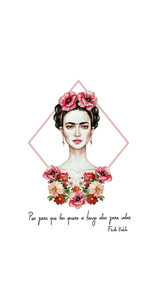 Frida Kahlo Watercolor Portrait with Floral Crown and Diamond Frame HD phone wallpaper