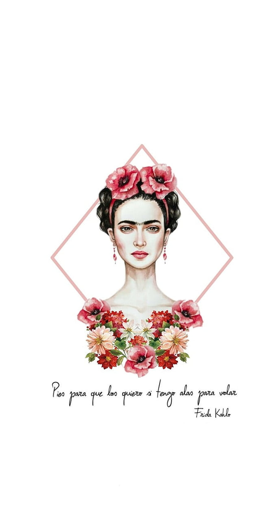 Frida Kahlo Watercolor Portrait with Floral Crown and Diamond Frame HD phone wallpaper