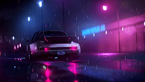 Retro Sports Car Under Neon Lights in a Rainy Night Cityscape HD wallpaper