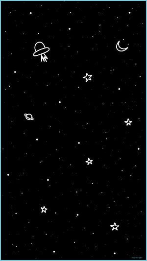 Minimalist Black Space Wallpaper with White Line Art Stars, Moon, and UFO HD phone wallpaper