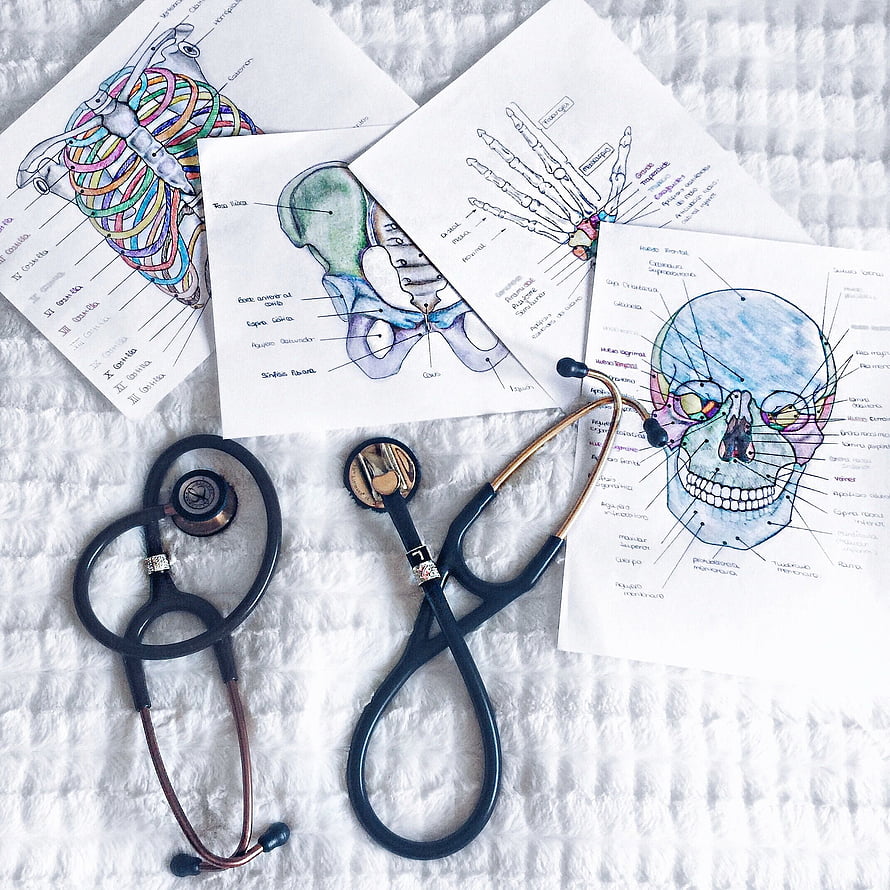 Hand-drawn anatomical illustrations of skull, pelvis, and ribcage with stethoscope on white fabric HD phone wallpaper