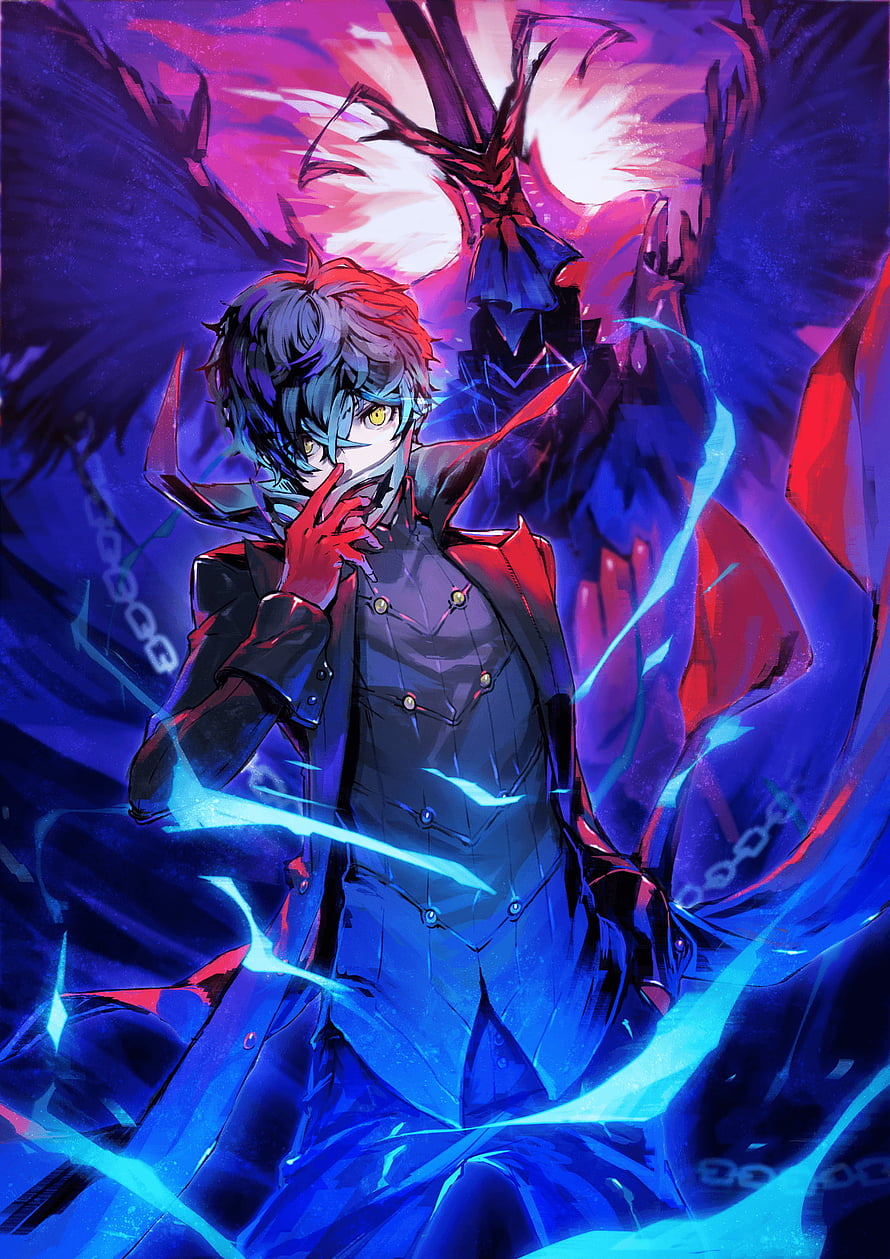 Joker from Persona 5 in a dramatic dark suit with glowing blue energy and black wings HD phone wallpaper