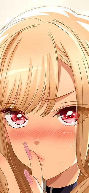 Marin Kitagawa Anime Close-Up Portrait with Blushing Expression and Sparkling Red Eyes HD phone wallpaper
