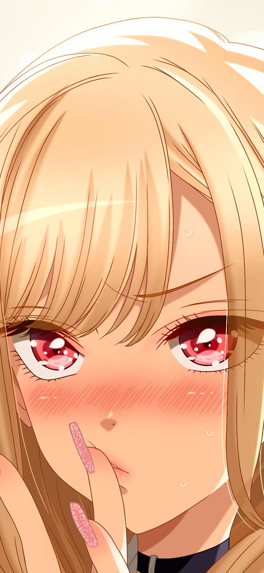 Marin Kitagawa Anime Close-Up Portrait with Blushing Expression and Sparkling Red Eyes HD phone wallpaper
