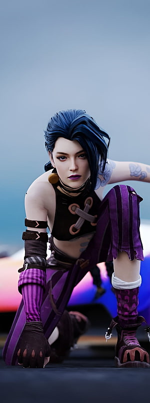 Jinxi from Arcane in a crouched pose with blue hair and purple outfit HD phone wallpaper
