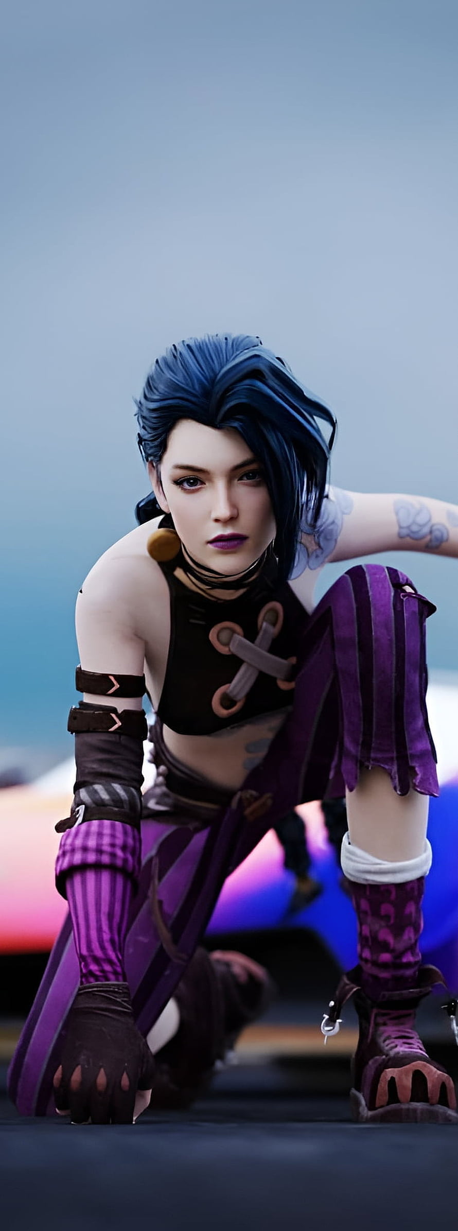 Jinxi from Arcane in a crouched pose with blue hair and purple outfit HD phone wallpaper