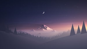 Minimalist Night Landscape with Snowy Mountain, Pine Trees, and Crescent Moon HD wallpaper