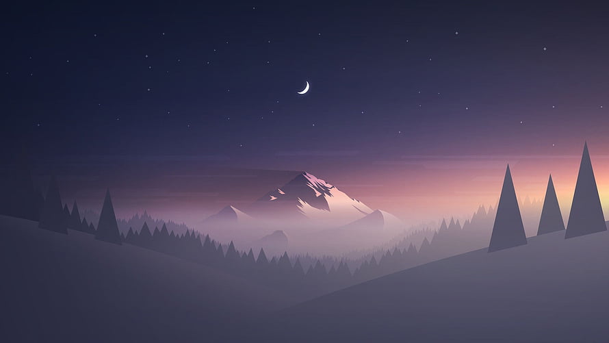 Minimalist Night Landscape with Snowy Mountain, Pine Trees, and Crescent Moon HD wallpaper