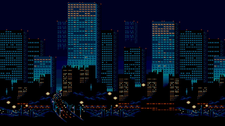 Retro Pixel Art City Skyline at Night with Glowing Windows and Neon Lights HD wallpaper